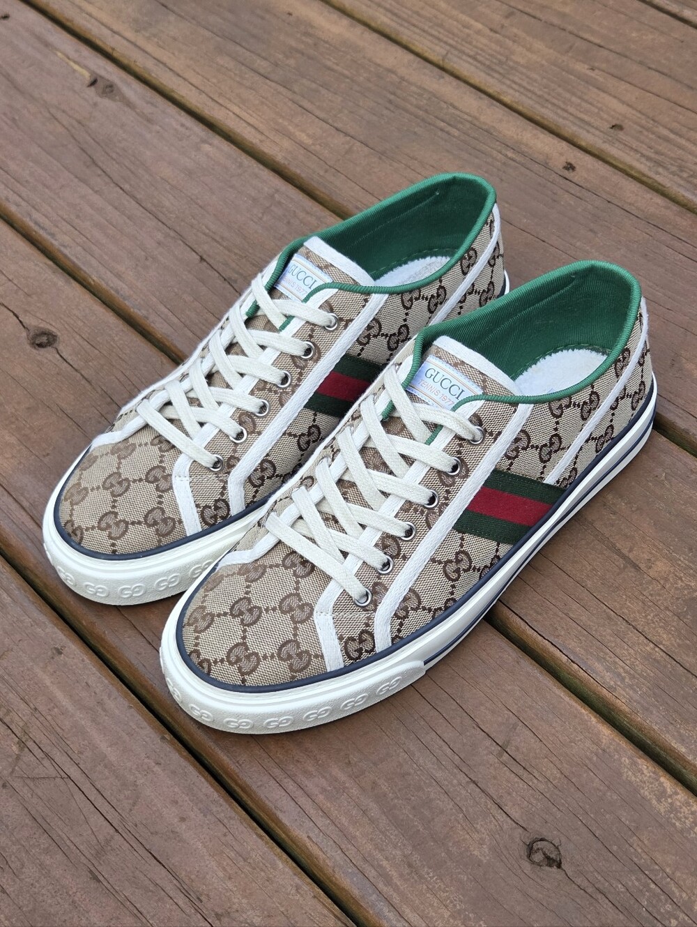 Gucci Beige GG Canvas Sneakers with Green & Red Stripe